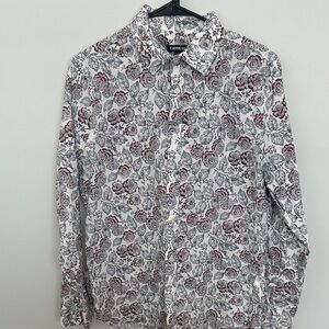 Express Men's Casual Floral Shirt - White and Burgundy